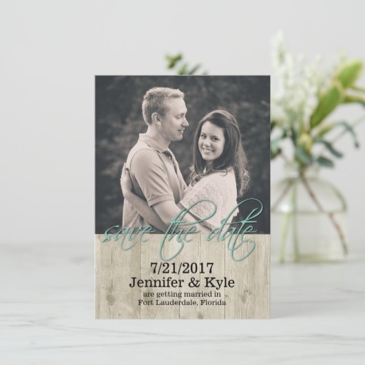 Invitation Mariage rustique en bois Enregistrer la date Faire (Debout devant)