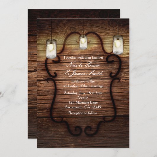 Invitation Mariage rustique en bois et bocaux Mason Lumière (Devant / Derrière)