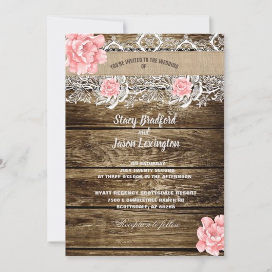 Invitation Mariage rustique en bois et dentelle (Devant)