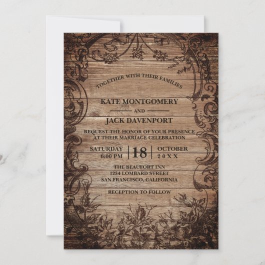 Invitation Mariage rustique en bois gravé vintage (Devant)