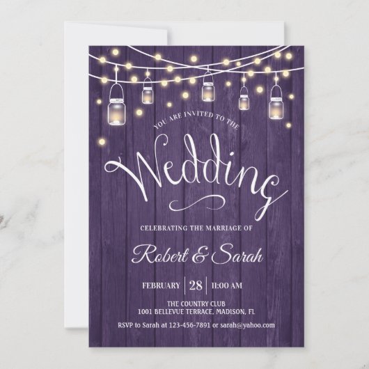 Invitation Mariage rustique en bois pourpre et lumières (Devant)