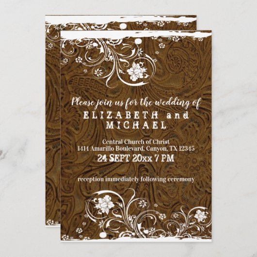 Invitation Mariage rustique en cuir et dentelle (Devant / Derrière)