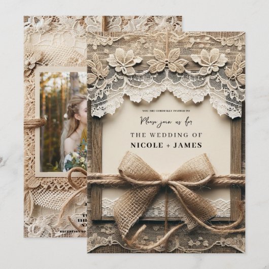 Invitation Mariage rustique en dentelle florale romantique vi (Devant / Derrière)