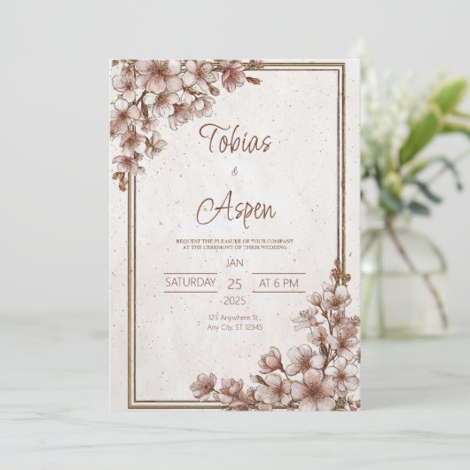 Invitation Mariage rustique en fleurs de cerisier (Debout devant)