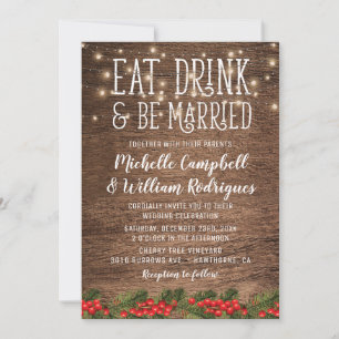 Invitation Mariage rustique en hiver Manger Boire et se marie