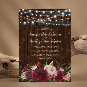 Invitation Mariage rustique en rouge de Bourgogne avec fleurs