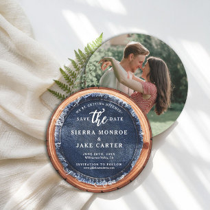 Invitation Mariage rustique Enregistrer Date Bois Slice Denim