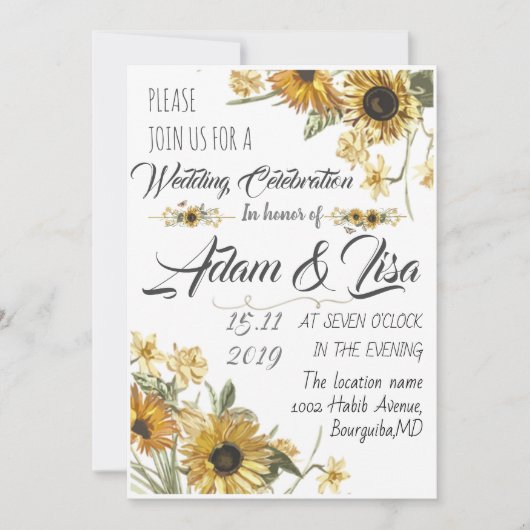 Invitation Mariage rustique et élégant au tournesol jaune (Devant)