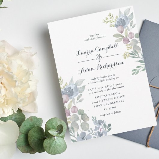 Invitation Mariage Rustique Eucalyptus Floral Bleu Poussiéreu