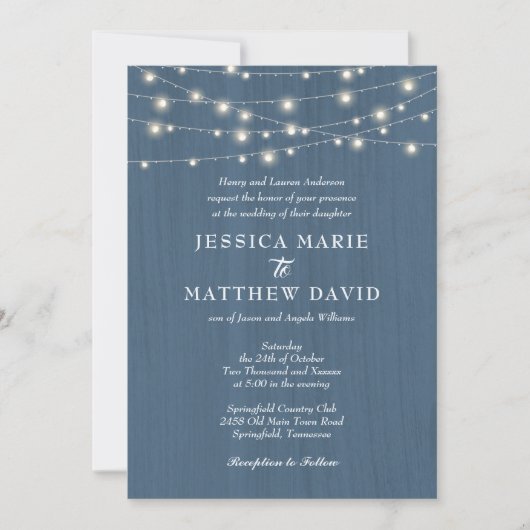 Invitation Mariage Rustique Ferme Lumières Féériques Bleu Pou (Devant)