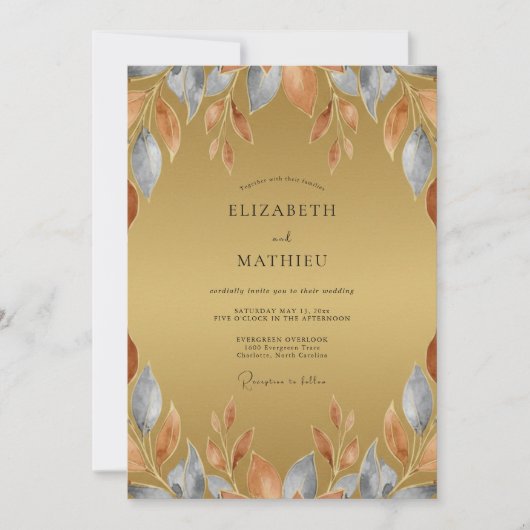 Invitation Mariage Rustique Feuilles de Slate Ocre (Devant)