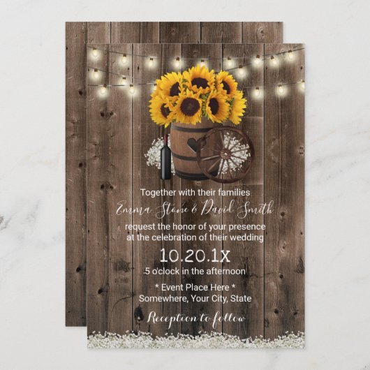 Invitation Mariage Rustique Fleur de Tournesol Tonneau de Boi (Devant / Derrière)