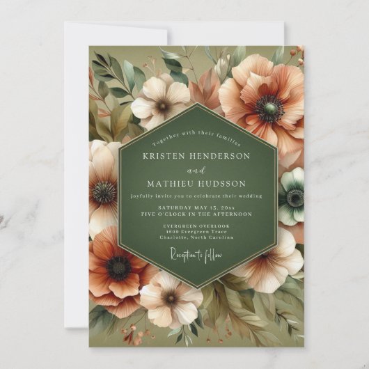 Invitation Mariage Rustique Fleur Verte Olive (Devant)