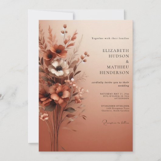 Invitation Mariage Rustique Fleurie Orange Brûlé (Devant)