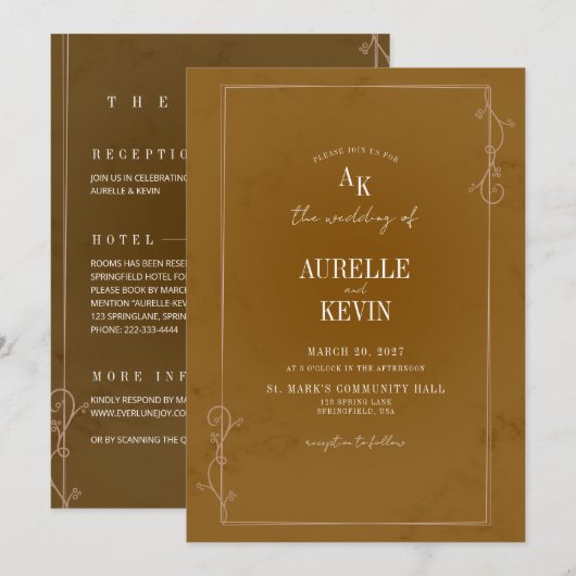 Invitation Mariage Rustique Fleuris Marbre Élégant QRcode (Devant / Derrière)