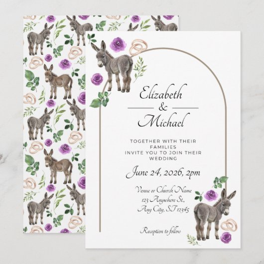 Invitation Mariage Rustique Fleuris Violet Âne (Devant / Derrière)