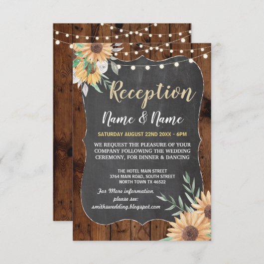 Invitation Mariage Rustique Fleurs Réception Tournesol Bois (Devant / Derrière)