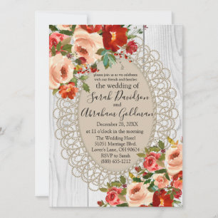 Invitation Mariage Rustique Fleurs Rouges Roses Lace Bois Bla