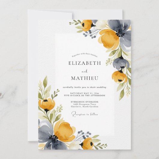 Invitation Mariage rustique floral bleu moutarde (Devant)