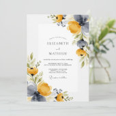 Invitation Mariage rustique floral bleu moutarde (Debout devant)
