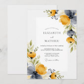 Invitation Mariage rustique floral bleu moutarde (Devant / Derrière)