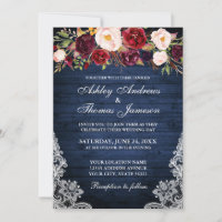 Mariage rustique Floral Blue Wood dentelle Invitat