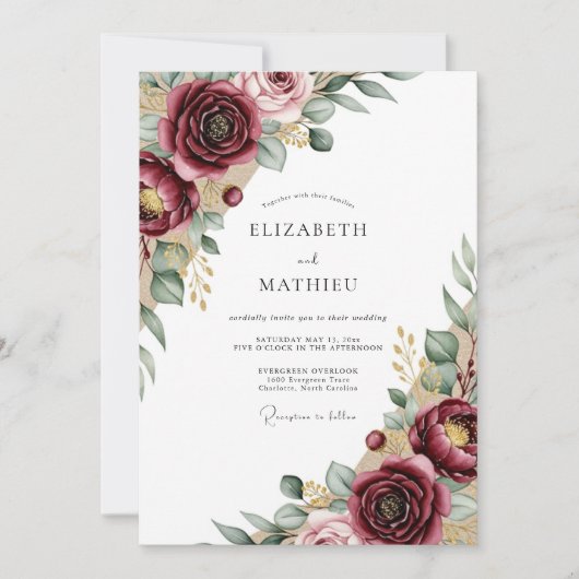 Invitation Mariage rustique floral burgundy (Devant)