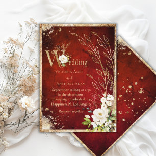 Invitation Mariage rustique floral élégant blanc rouge or