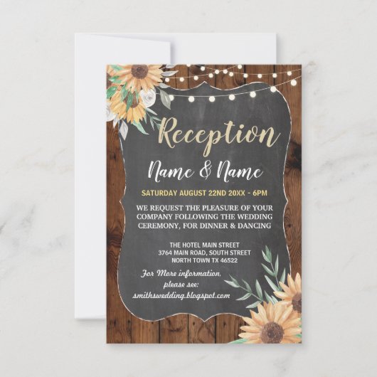 Invitation Mariage Rustique Floral Réception Soleil Bois (Devant)