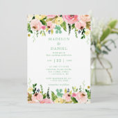 Invitation Mariage rustique floral rose et vert menthe (Debout devant)