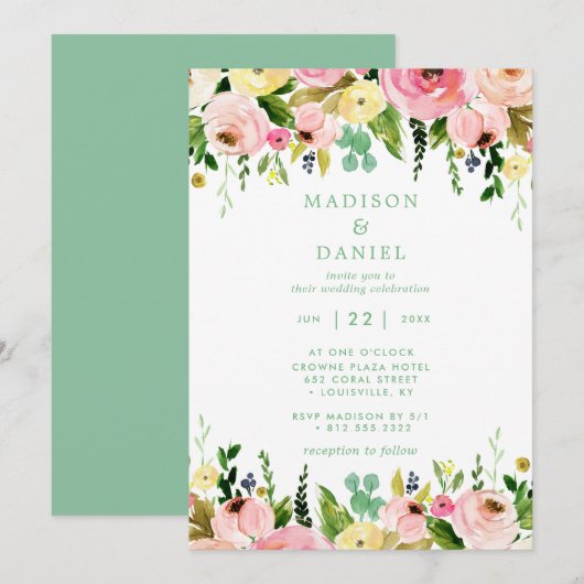 Invitation Mariage rustique floral rose et vert menthe (Devant / Derrière)