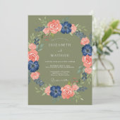 Invitation Mariage rustique floral vert olive et pêche (Debout devant)