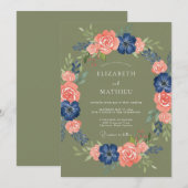 Invitation Mariage rustique floral vert olive et pêche (Devant / Derrière)