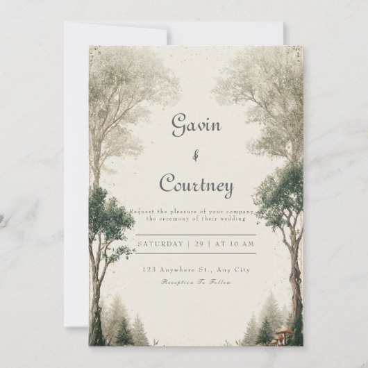 Invitation Mariage rustique forêt verte or boisée (Devant)