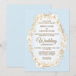 Invitation Mariage Rustique Géométrique Bleu Floral Blanc Dor