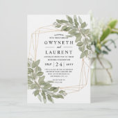 Invitation Mariage rustique géométrique doré à la verdure élé (Debout devant)
