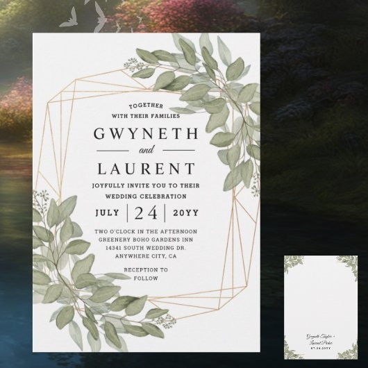 Invitation Mariage rustique géométrique doré à la verdure élé