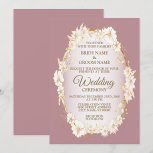 Invitation Mariage Rustique Géométrique Rose Floral Blanc Dor