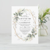 Invitation Mariage rustique géométrique vert et or (Debout devant)