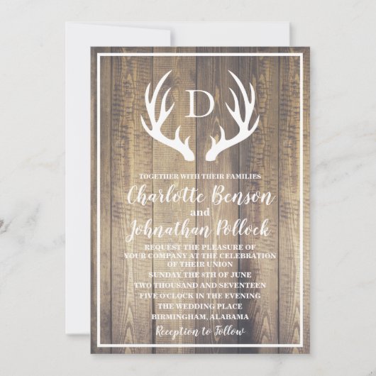 Invitation Mariage Rustique Grange Bois et Blancs Antlers (Devant)