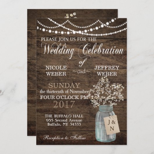 Invitation Mariage Rustique Grange Bois Mason Jar Babys Respi (Devant / Derrière)