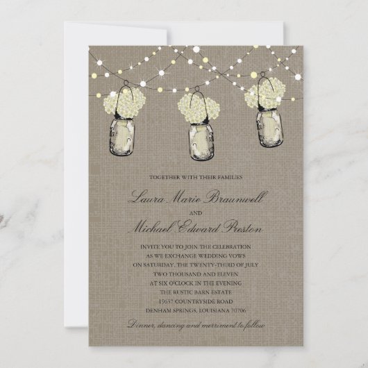 Invitation Mariage rustique Hanging Mason Jar Hydrangea (Devant)