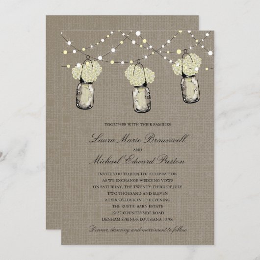 Invitation Mariage rustique Hanging Mason Jar Hydrangea (Devant / Derrière)