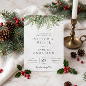 Invitation Mariage Rustique Hiver Baies Cônes de Pin Verdure