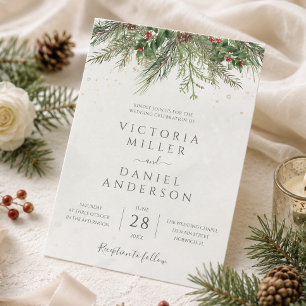 Invitation Mariage Rustique Hiver Baies Cônes de Pin Verdure