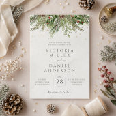 Invitation Mariage Rustique Hiver Baies Cônes de Pin Verdure