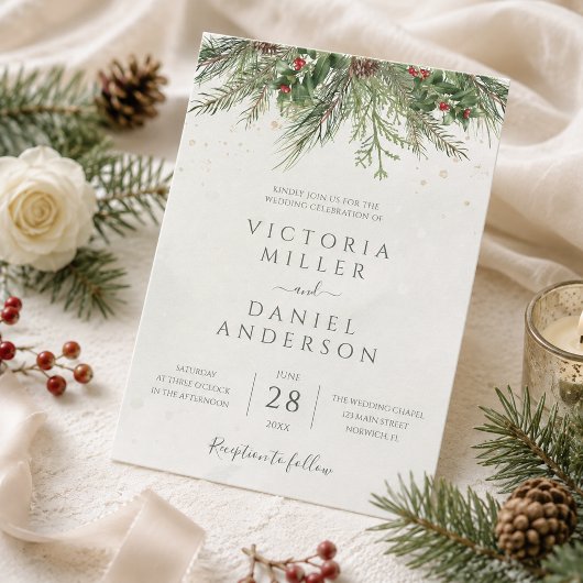 Invitation Mariage Rustique Hiver Baies Cônes de Pin Verdure