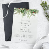Invitation Mariage Rustique Hiver Baies Cônes de Pin Verdure