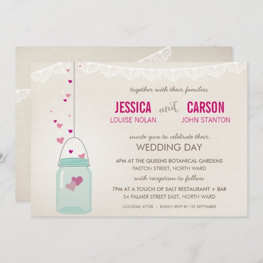 Invitation MARIAGE RUSTIQUE INVITER mignon pot de mason avec (Devant / Derrière)