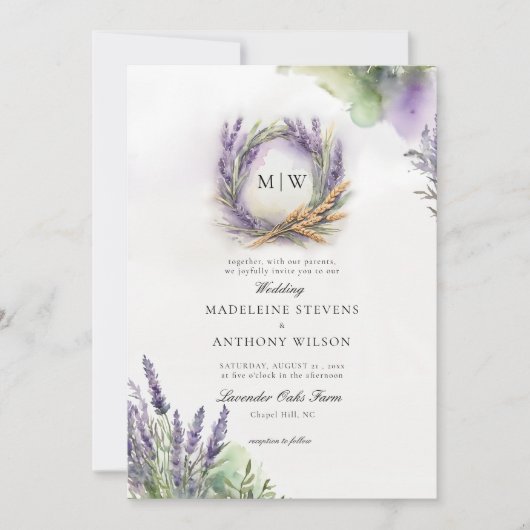 Invitation Mariage rustique Lavande Élégant Wreath Monogramme (Devant)
